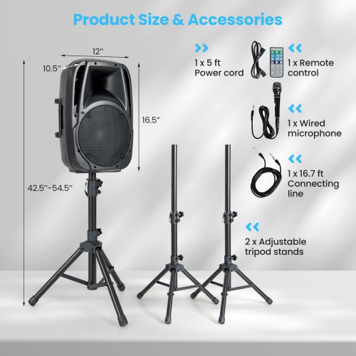 Costway 1600W 2-Way Powered Speakers, Portable PA Speaker System with 2 Speaker Stands and Microphone, Professional DJ Speakers with Bluetooth,