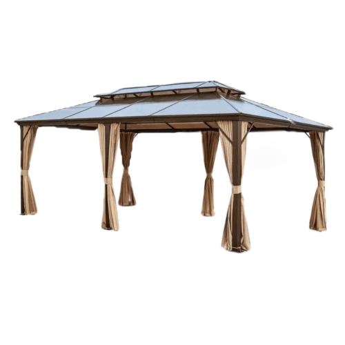 Pergola d'extérieur permanente à toit double toit rigide Erommy, 12 x 20 pi, avec moustiquaire et rideaux