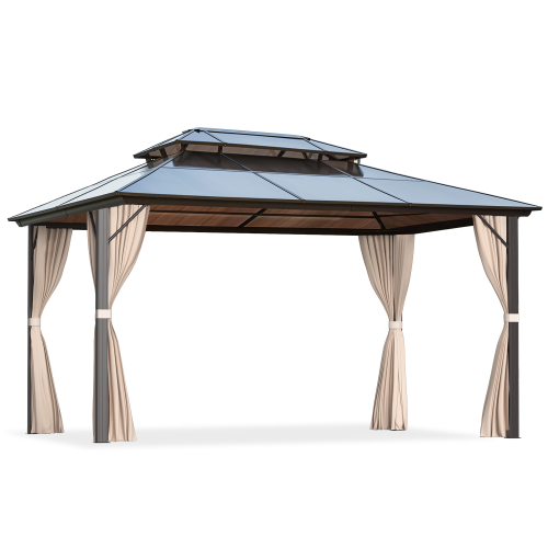 EROMMY  12'x20' Outdoor Double Roof Permanent Hardtop Gazebo Pergola With Prime Netting And Curtains