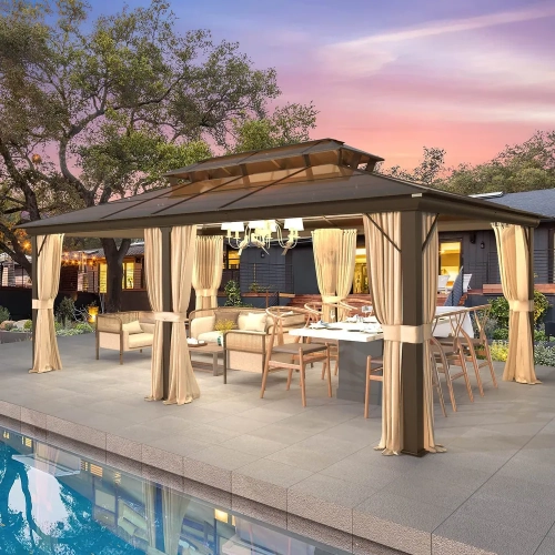 Erommy 12' x 20' Outdoor Double Roof Permanent Hardtop Gazebo Pergola with Prime Netting and Curtains