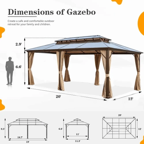 Erommy 12' x 20' Outdoor Double Roof Permanent Hardtop Gazebo Pergola with Prime Netting and Curtains