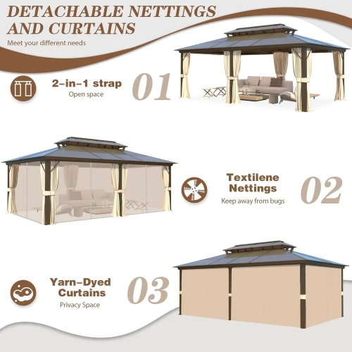 Erommy 12' x 20' Outdoor Double Roof Permanent Hardtop Gazebo Pergola with Prime Netting and Curtains