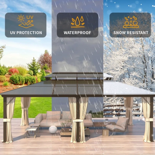 Erommy 12' x 20' Outdoor Double Roof Permanent Hardtop Gazebo Pergola with Prime Netting and Curtains