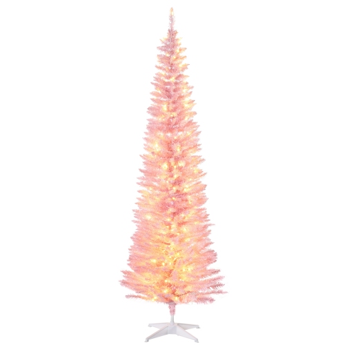 HOMCOM 7 ft Pre-Lit Noble Fir Slim Artificial Christmas Tree with 499 Tips and 200 Warm White LED Lights Pink