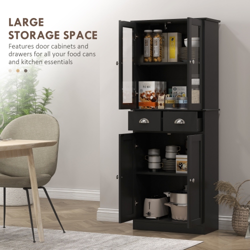 HOMCOM 61" Kitchen Pantry Cabinet, Freestanding Farmhouse Buffet Storage Cabinet with Soft Close Glass Doors and Adjustable Shelves, Black