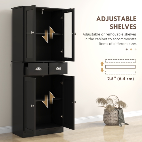 HOMCOM 61" Kitchen Pantry Cabinet, Freestanding Farmhouse Buffet Storage Cabinet with Soft Close Glass Doors and Adjustable Shelves, Black