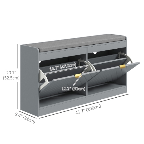 HOMCOM Shoe Bench, Entryway Bench with 2 Flip Drawers, Seating Cushion and 4 Vents for 8 Pairs of Shoes for Hallway, Living Room, Grey