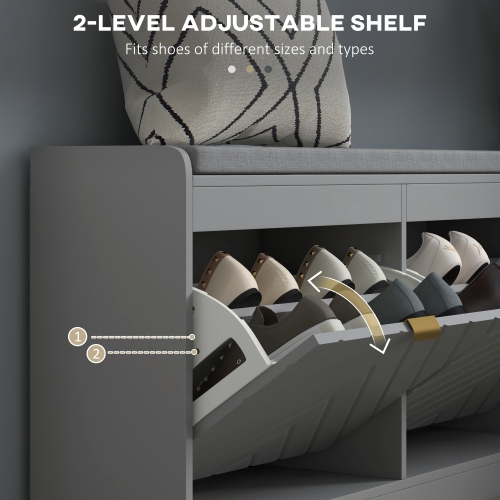 HOMCOM Shoe Bench, Entryway Bench with 2 Flip Drawers, Seating Cushion and 4 Vents for 8 Pairs of Shoes for Hallway, Living Room, Grey