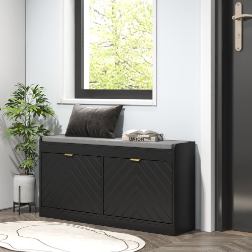HOMCOM Shoe Bench, Entryway Bench with 2 Flip Drawers, Seating Cushion and 4 Vents for 8 Pairs of Shoes for Hallway, Living Room, Black