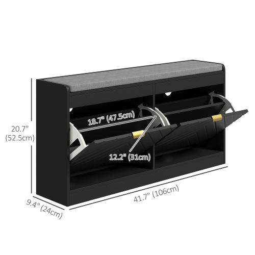 HOMCOM Shoe Bench, Entryway Bench with 2 Flip Drawers, Seating Cushion and 4 Vents for 8 Pairs of Shoes for Hallway, Living Room, Black