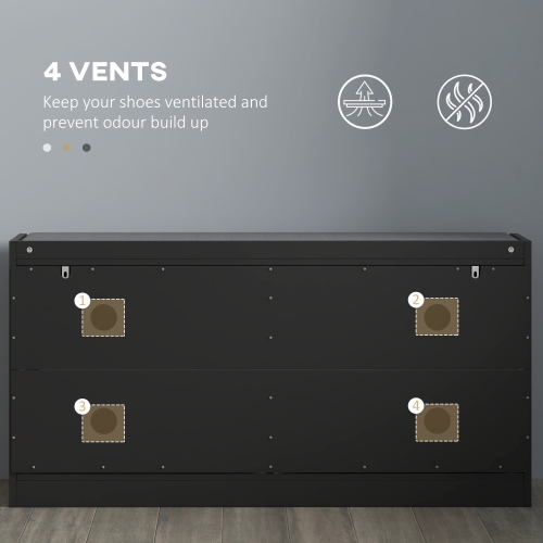 HOMCOM Shoe Bench, Entryway Bench with 2 Flip Drawers, Seating Cushion and 4 Vents for 8 Pairs of Shoes for Hallway, Living Room, Black