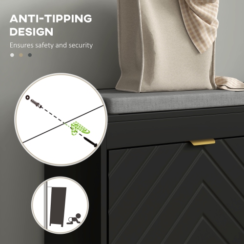 HOMCOM Shoe Bench, Entryway Bench with 2 Flip Drawers, Seating Cushion and 4 Vents for 8 Pairs of Shoes for Hallway, Living Room, Black