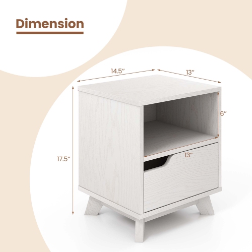 Costway 1 PCS Nightstand Sofa Side End Table with Storage Shelf & Drawer Space-Saving White