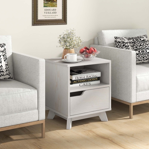 Costway 1 PCS Nightstand Sofa Side End Table with Storage Shelf & Drawer Space-Saving White