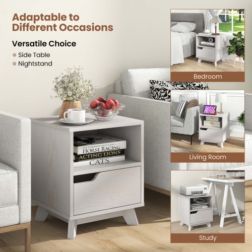 Costway 1 PCS Nightstand Sofa Side End Table with Storage Shelf & Drawer Space-Saving White