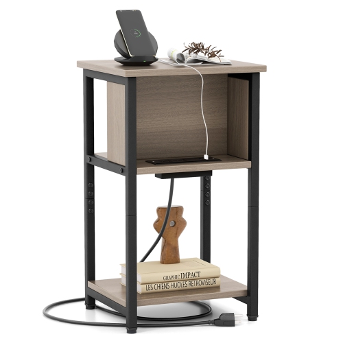 Image 1 de 9.. Table de bout 3 niveaux 1 PCS de Costway avec ports USB et prises d'alimentation, gris et noir