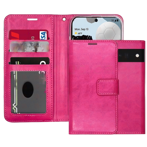 [CS] Magnetic Card Slot Leather Folio Wallet Flip Case Cover for Google Pixel 9 / Pixel 9 Pro, Hot Pink