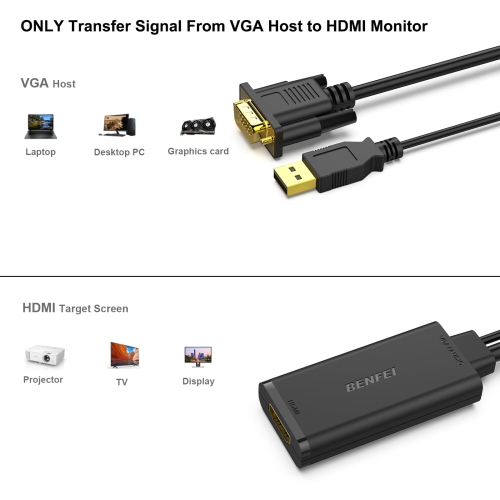 Adaptateur VGA à HDMI BENFEI, 1080p avec audio, source VGA vers téléviseur/moniteur HDMI