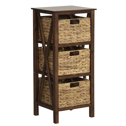 COSTWAY  1 PC 3-Tier Nightstand With 3 Seagrass Baskets Rubber Wood X-Shaped Frames 3 Drawers