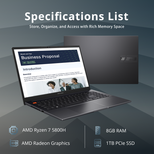 ASUS VivoBook S 15 Slim 15.6" FHD Laptop, AMD Ryzen 7 5800H, 1TB SSD, 8GB RAM, AMD Radeon Graphics, Windows 11 Home, Indie Black, 128GB Docking