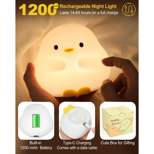 DuDu Duck Night Light, Cute Duck Lamp, Squishy Silicone Nightlight for Baby Nursery with 30 Minutes Timer, with Touch Control for Bedrooms, Living