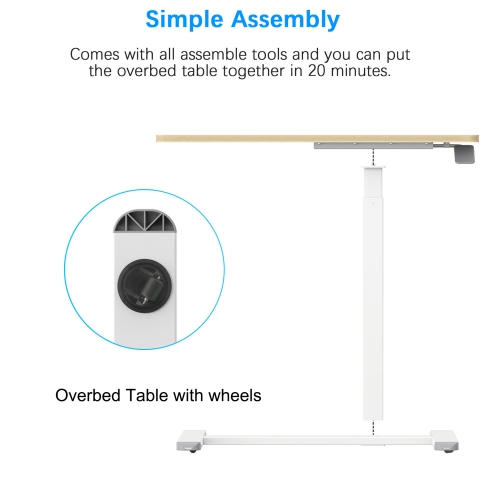 Adjustable Height Overbed Table, C Shape Mobile Standing Desk Bedside Sofa Side Table with Hidden Wheels