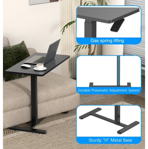 Adjustable Height Overbed Table, C Shape Mobile Standing Desk Bedside Sofa Side Table with Hidden Wheels