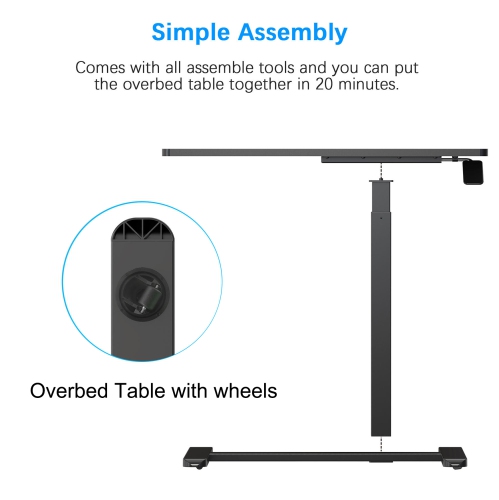 Adjustable Height Overbed Table, C Shape Mobile Standing Desk Bedside Sofa Side Table with Hidden Wheels