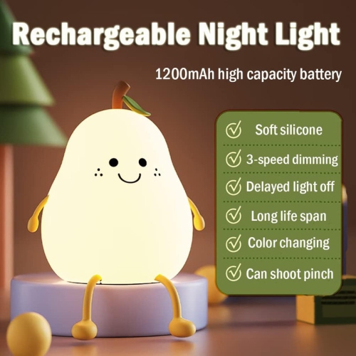 Night Light for Kids, Cute Silicone Nursery Pear Lamp for Baby and Toddler,Fruit NightLight for Boys and Girls,Squishy Night Lamp for Bedroom,Kawaii