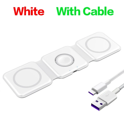 NONE  15W 3 In 1 Magnetic Wireless Charger for Iphone 15 14 13 Apple Watch Airpods Fast Charging Dock Station Foldable Stand Charge With Cable In White