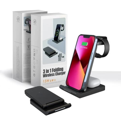 NONE  20W 3 In 1 Qi Foldable Wireless Charger Stand Pad for Iphone 15 14 13 12Apple Watch Airpods Pro Fast Charging Dock Station In Black