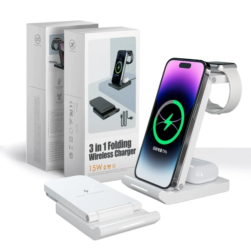 NONE  20W 3 In 1 Qi Foldable Wireless Charger Stand Pad for Iphone 15 14 13 12Apple Watch Airpods Pro Fast Charging Dock Station In White