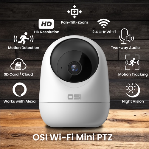 OSI Smart Indoor Wi-Fi Mini PTZ Security Camera - Auto Motion Tracking, Motion Detection, 2-Way Audio, Night Vision, Remote Access, Alexa & Google