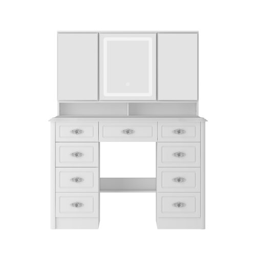 Famapy Vanity Desk Set Makeup Table with Large Lighted Mirror, Dressing Table with 9 Drawers, Storage Shelves for Bedroom White