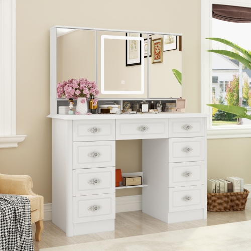 Famapy Vanity Desk Set Makeup Table with Large Lighted Mirror, Dressing Table with 9 Drawers, Storage Shelves for Bedroom White