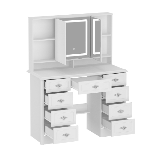 Famapy Vanity Desk Set Makeup Table with Large Lighted Mirror, Dressing Table with 9 Drawers, Storage Shelves for Bedroom White