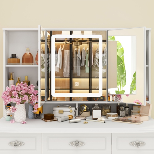 Famapy Vanity Desk Set Makeup Table with Large Lighted Mirror, Dressing Table with 9 Drawers, Storage Shelves for Bedroom White