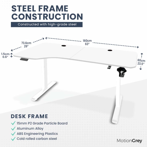 Bureau debout électrique en L ajustable gauche MotionGrey avec mémoire, 63 x 24&nbsp;po, dessus blanc, cadre blanc, bureau ergonomique pour la maison