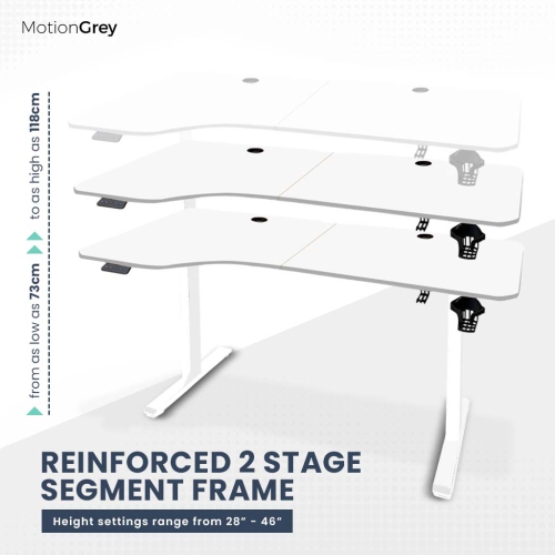 Bureau debout électrique en L ajustable gauche MotionGrey avec mémoire, 63 x 24&nbsp;po, dessus blanc, cadre blanc, bureau ergonomique pour la maison