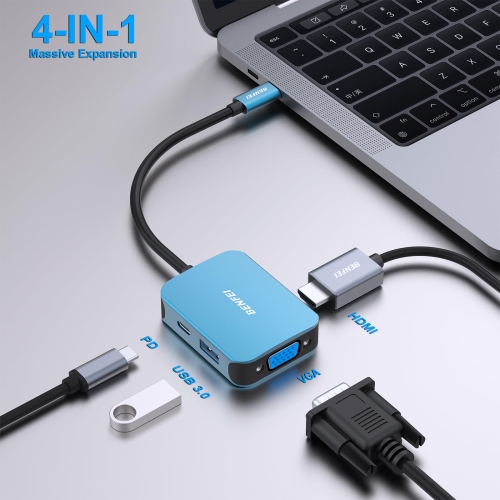 BENFEI 4-in-1 USB C Hub, to HDMI, VGA, USB, Power Delivery for iPhone 15, MacBook, iPad, Blue