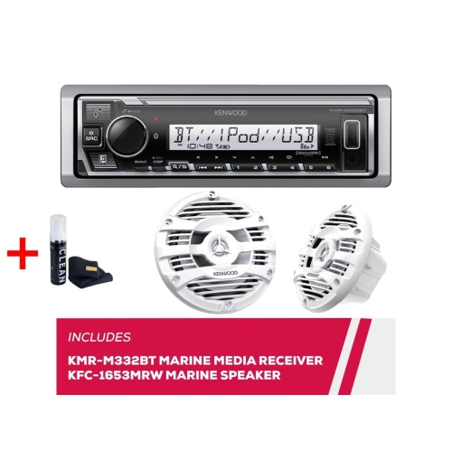 Kenwood KMR-M332BT Marine Digital Media Receiver with KFC-1653MRW 6.5" Speakers and Bonus Zagg Cleaner