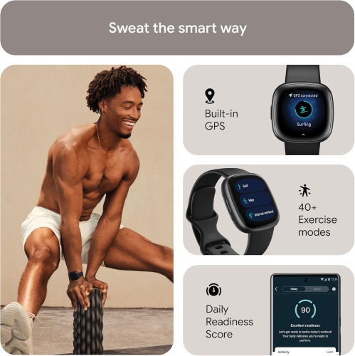 Remis à neuf - montre intelligente de mise en forme Versa 4 de Fitbit pour hommes et femmes avec préparation quotidienne, GPS, fréquence cardiaque