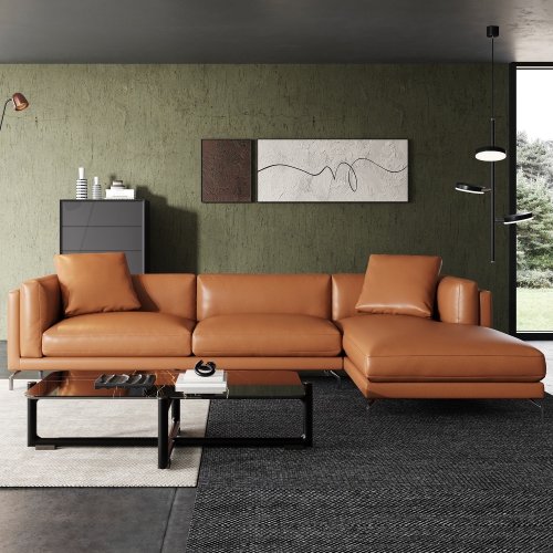 Valencia Zadar Leather Sofa with Right Chaise, Cognac