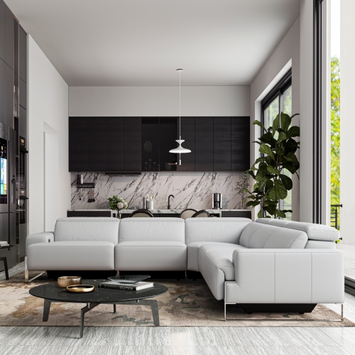 Valencia Melania Top Grain Leather L-Shape Reclining Sectional Sofa, Light Grey