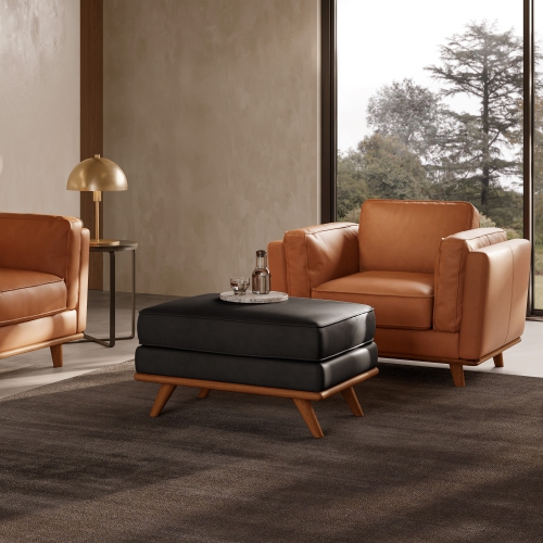 Valencia Artisan Top Grain Leather Ottoman, Black