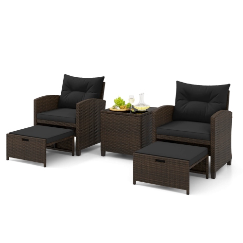 Costway 5 Piece Patio Rattan Furniture with 2 Ottomans & Tempered Glass Coffee Table