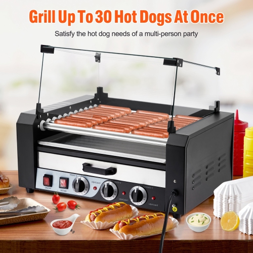 ACEKOOL  Hot Dog Roller Machine With Warming Drawer, Electric Countertop 30 Hot Dog Sausage Grill Cooker With Glass Hood Cover