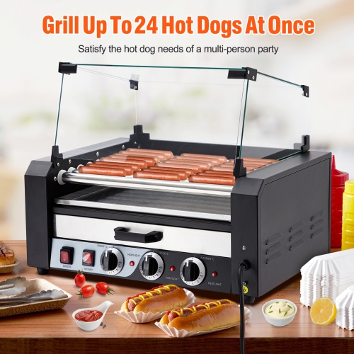 ACEKOOL  Hot Dog Roller Machine With Warming Drawer, Electric Countertop 24 Hot Dog Sausage Grill Cooker With Glass Hood Cover