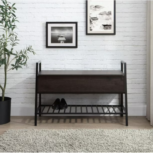 Banc d'entrée prime Made avec support à chaussures, chêne foncé, espace de rangement supérieur et tablette inférieure