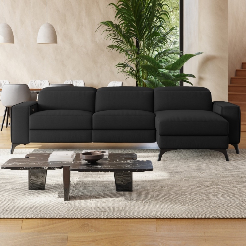 Valencia Esther Top Grain Leather Sofa, Three Seats with Right Chaise, Black